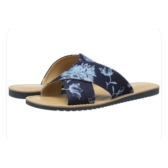 Franco Sarto Blue Denim Floral Criss-Cross Strap Quentin Slide 9 m EUC - Picture 2 of 9